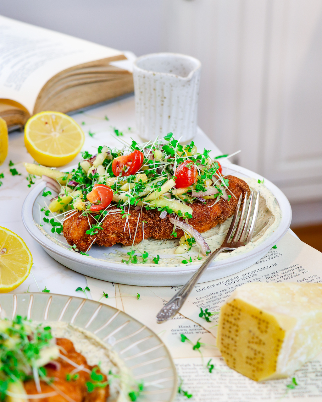 Crispy Parmesan Crumbed Chicken with Microgreens Pineapple Salsa